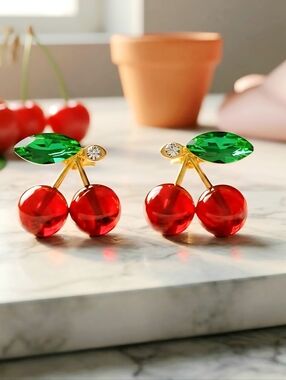 Red Cherry Stud Earrings Crystal Rhinestone 925 Silver Post Coquette Gold Tone